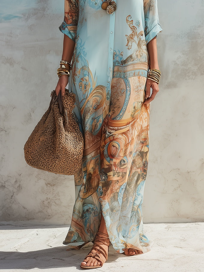 VICTORIA - VESTIDO MAXI CAMISERO CON ESTAMPADO BARROCO