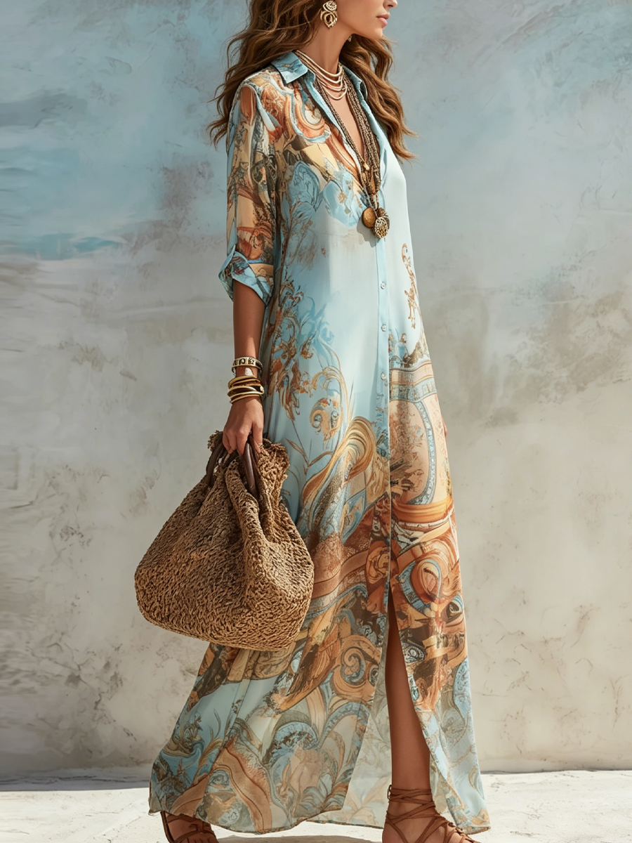 VICTORIA - VESTIDO MAXI CAMISERO CON ESTAMPADO BARROCO
